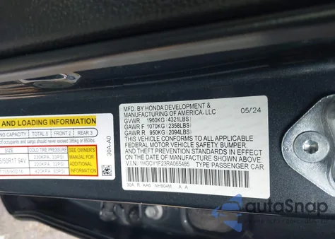 2024 Honda Accord Lx from USA, damaged, VIN 1HGCY1F23RA065485